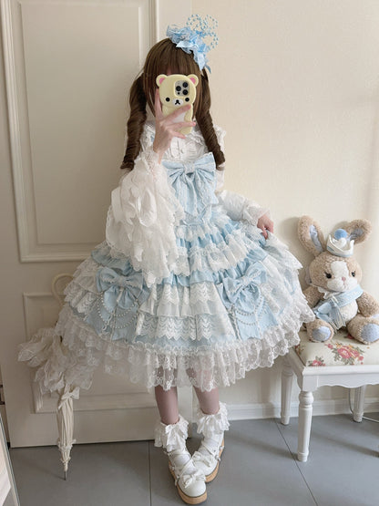 Hanguliang - Cross Heart Knot - Sweet Lolita JSK Suit Tiered Ruffles Dress with Lace Blouse
