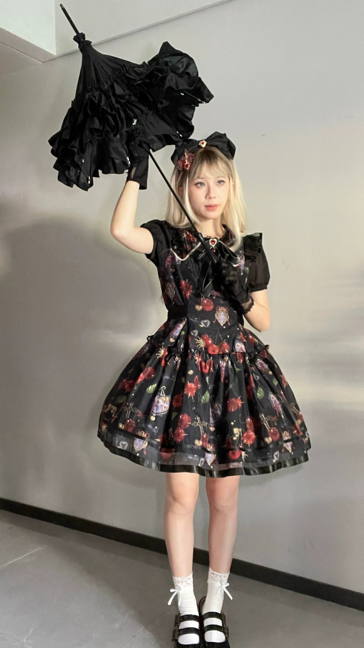 Gloaming - Sweet Lolita Cherry print Short Sleeve OP and SK Set