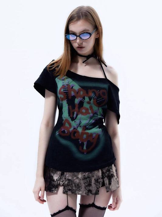 Hot Girl One Shoulder Short Sleeve T-Shirt【s0000008011】