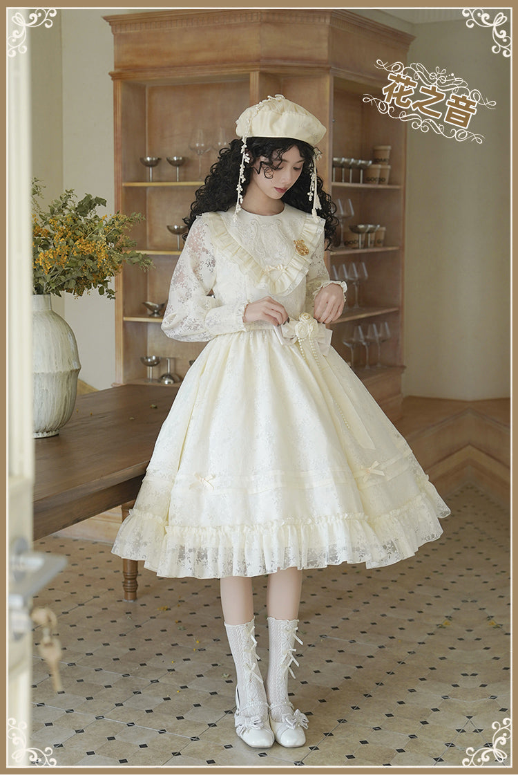 With PUJI - Floral Melody - Ivory Classic Lolita Long Sleeve OP Dress with Layered Bolero
