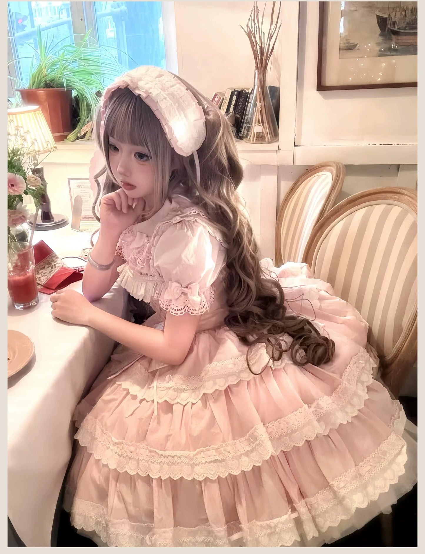 TaTaTa Lolita - Otome Heart - Cotton Old School Lolita JSK Dress Suit, Heart-Shaped Lace Trim