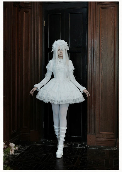 With PUJI - Fallen Heaven - White Gothic Lolita OP Set, Double Layered Skirt