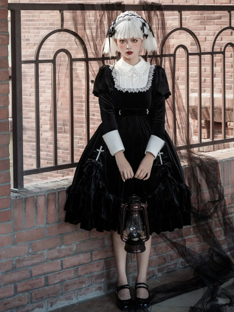 Your Princess - Gothic Lolita Velvet Maid OP Dress, Pearl Cross Accents