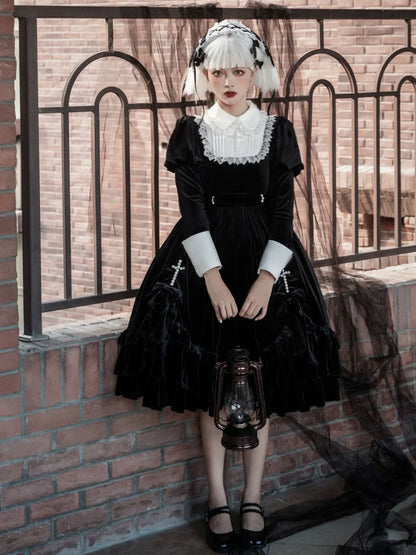 Your Princess - Gothic Lolita Velvet Maid OP Dress, Pearl Cross Accents