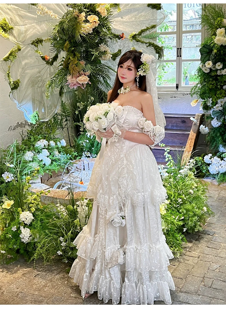 Diamond Honey - Love and Roses - Princess Bridal Wedding Lolita Dress With Rose Detail and Tiered Skirt