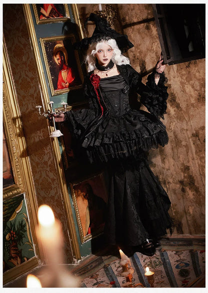 With PUJI - Letter and Poetry ﾂｷ Twilight - Black Gothic Lolita Skirt Set, Witch-Inspired