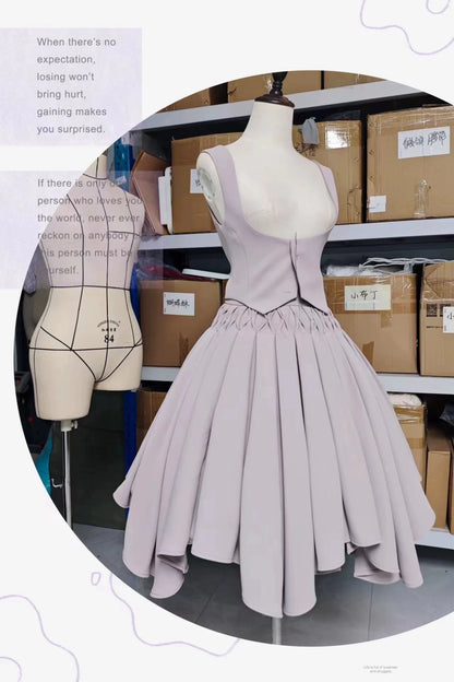 Sentaro - Pleated Irregular Knit Floral Slim Fit Vest and Half Skirt Set