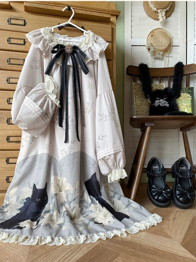 Akiyama Future Studio - Black Cat and Lily - Loose Kawaii Lolita OP Dress with Vest and Hat