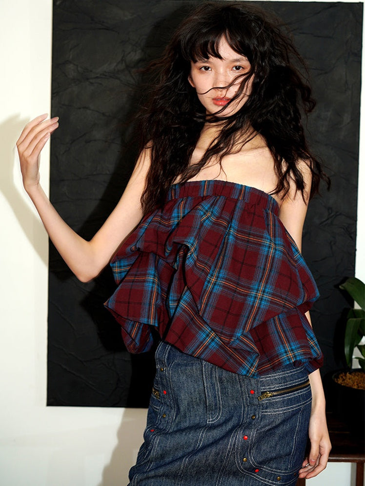 Plaid 2Way Design Short Bud Skirt & Bare Top