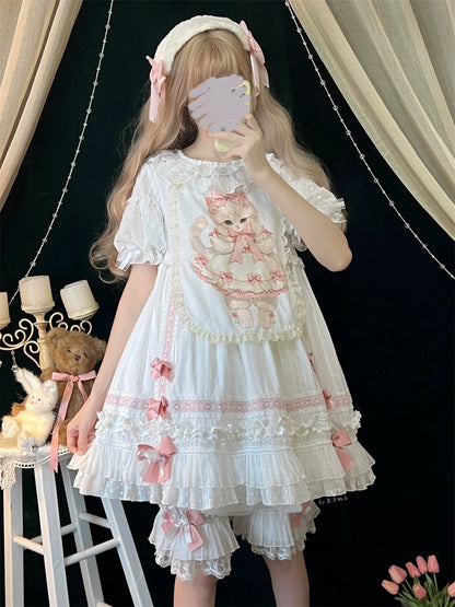 Ilovexiaolu - Meow Lullaby - Cotton Kawaii Lolita OP Dress with Removable Kitty Apron