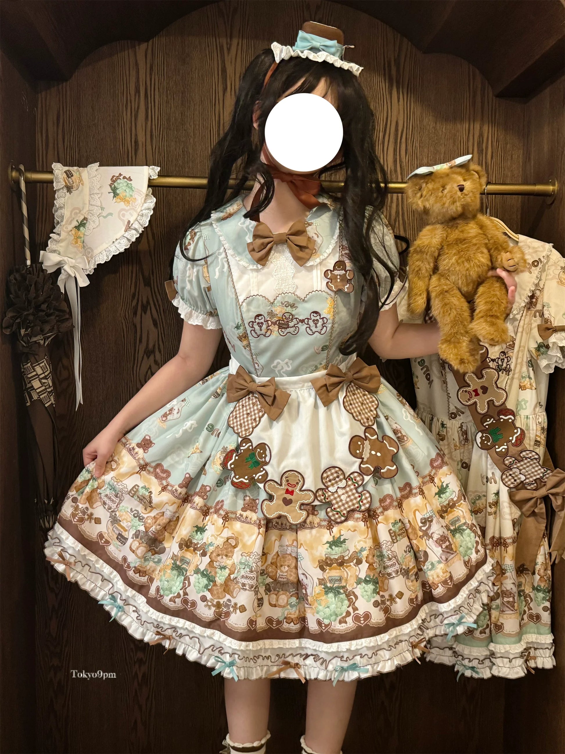 Babyblue - Little Bear Honey Jar - Kawaii Lolita Short Sleeve OP Gingerbread Man Embroidered Dress
