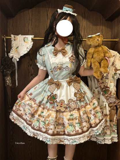 Babyblue - Little Bear Honey Jar - Kawaii Lolita Short Sleeve OP Gingerbread Man Embroidered Dress