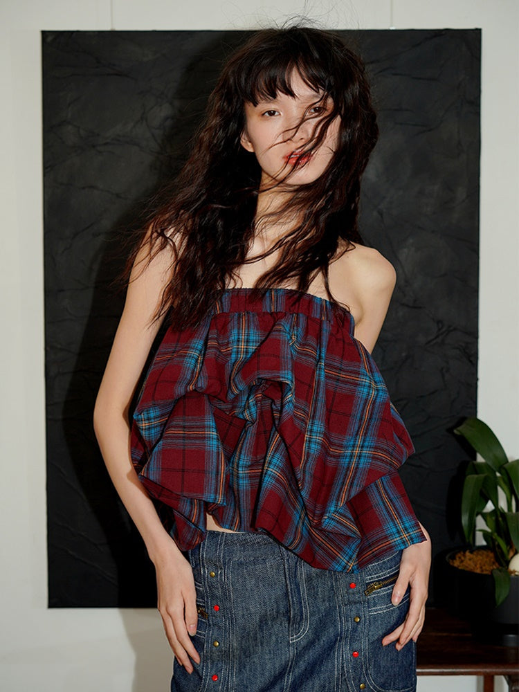 Plaid 2Way Design Short Bud Skirt & Bare Top