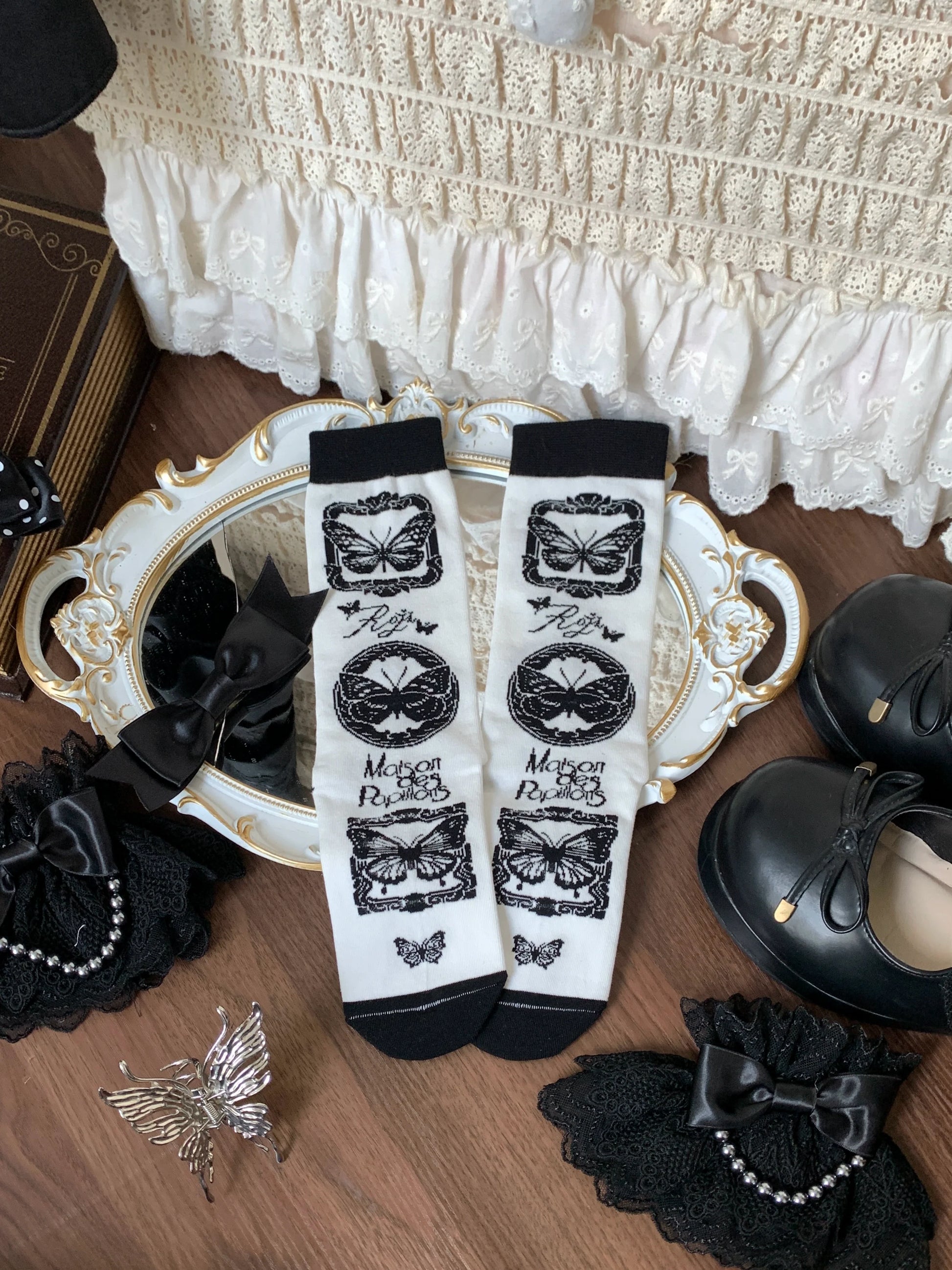 Roji Roji - Sweet Lolita Cotton Socks, Detachable Cuff Bow Trim