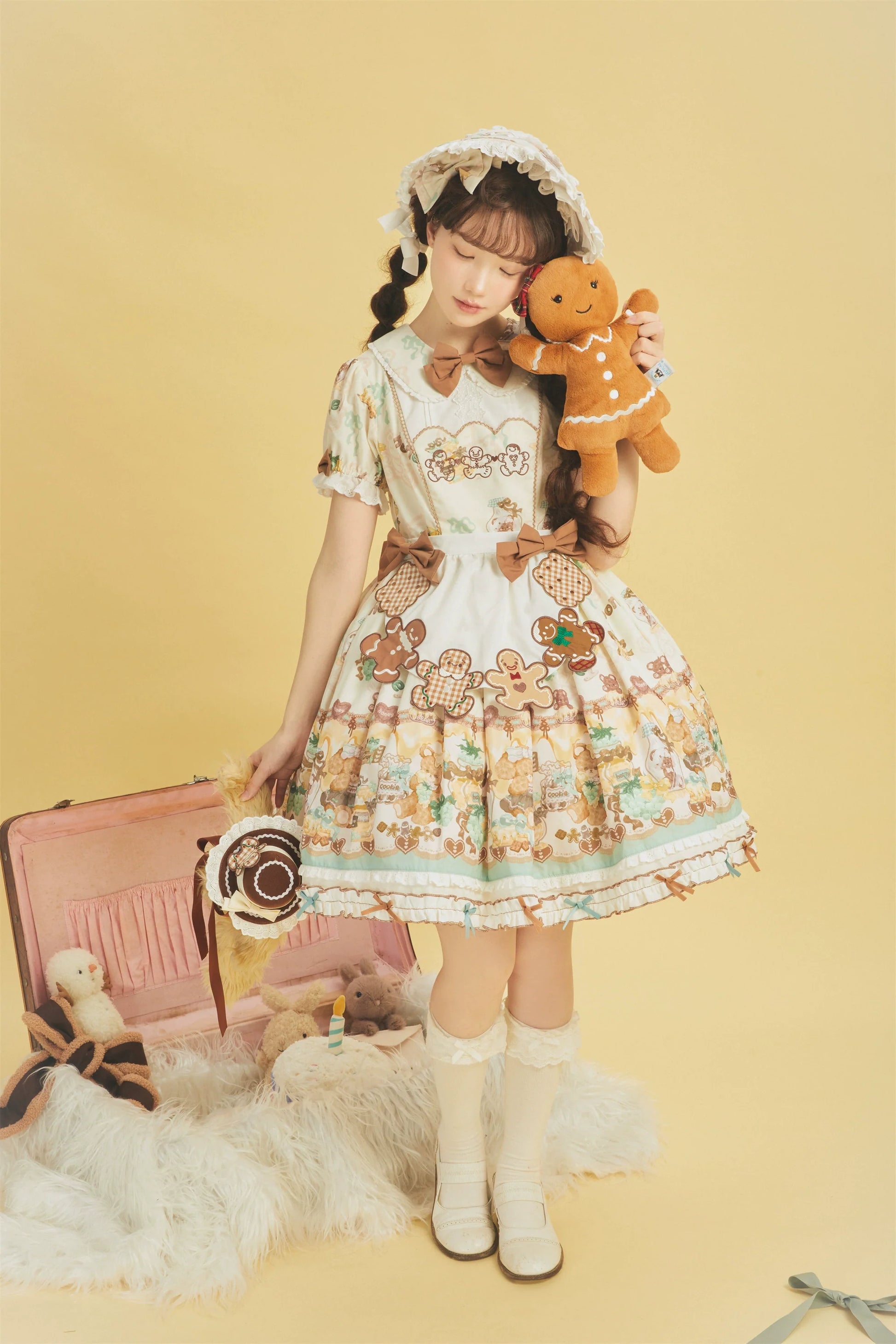 Babyblue - Little Bear Honey Jar - Kawaii Lolita Short Sleeve OP Gingerbread Man Embroidered Dress