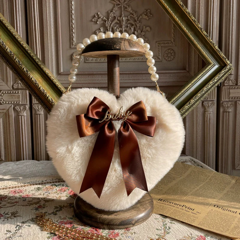 MAID - Kawaii Lolita Heart Bag Plush Pearl Chain Handbag
