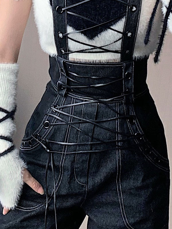 Lace-up style suspender jeans