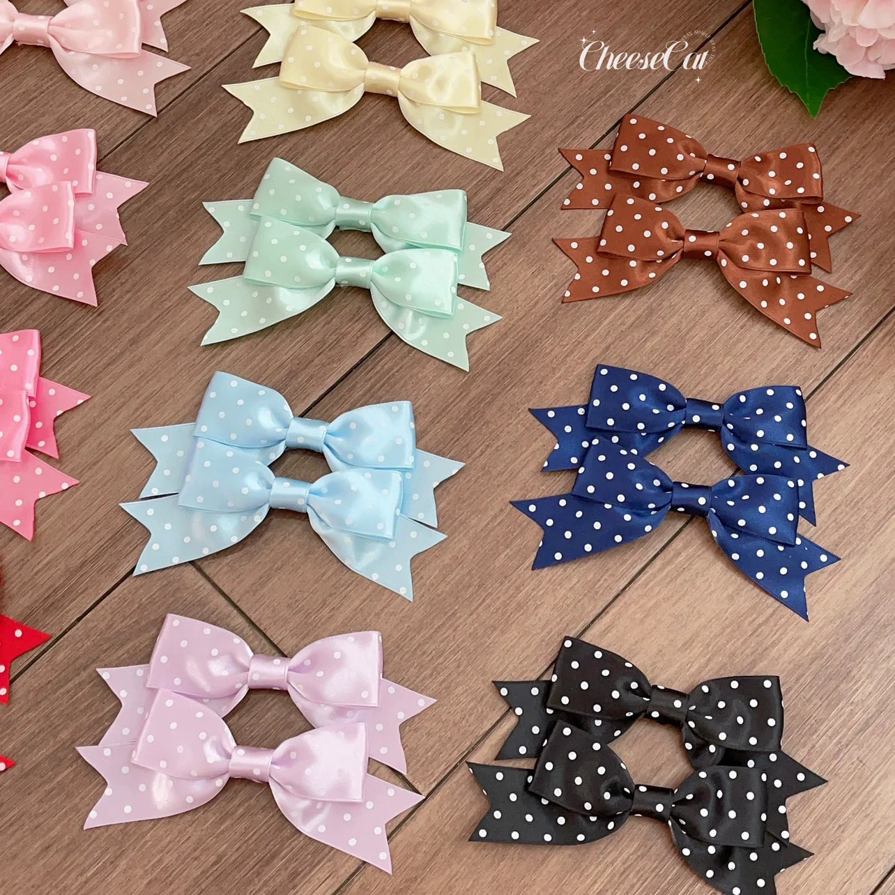 Cheese Cat - Kawaii Lolita Hair Clip Polka Dot Ribbon Bow Clips