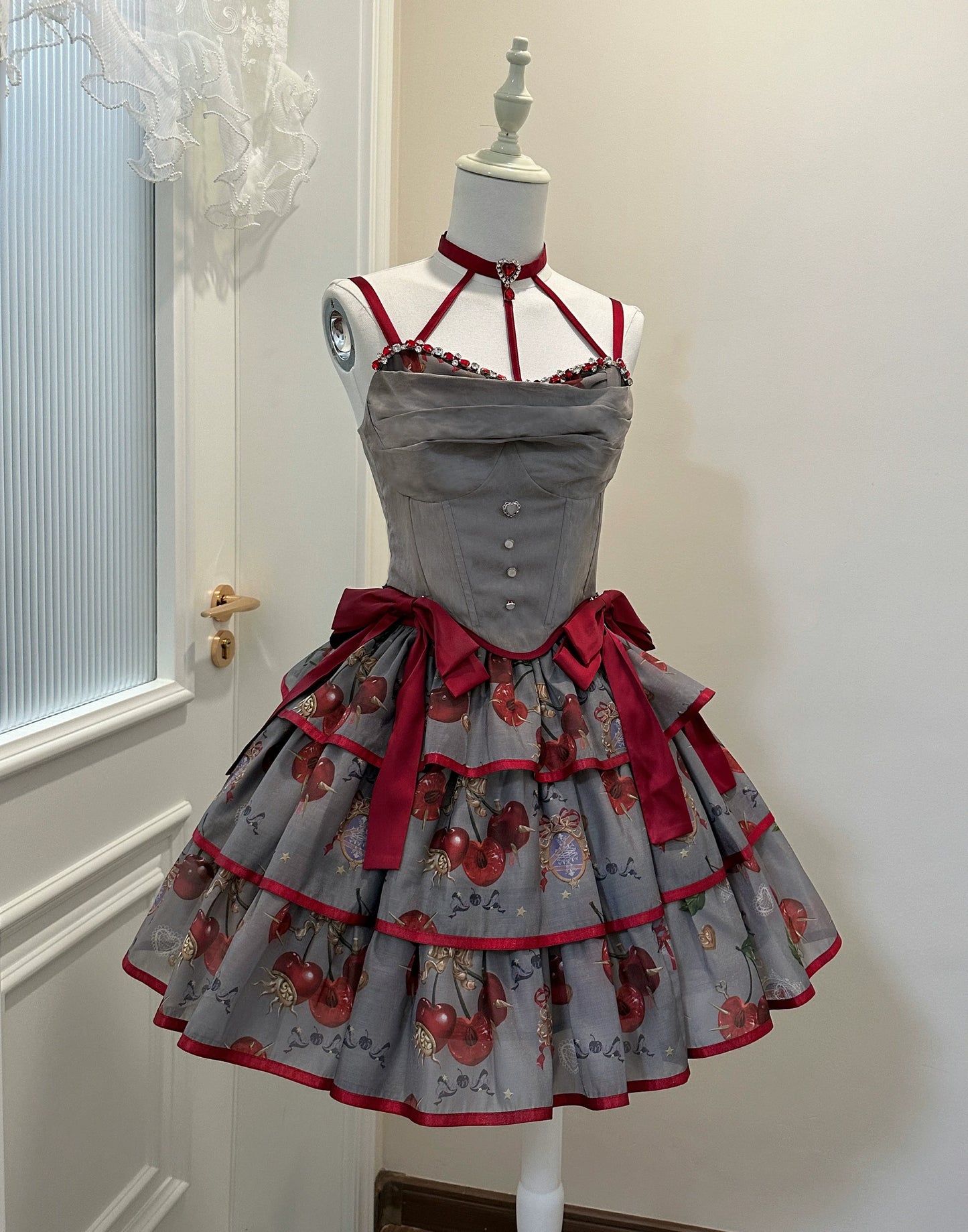Gloaming - Sweet Lolita Cherry print Short Sleeve OP and SK Set