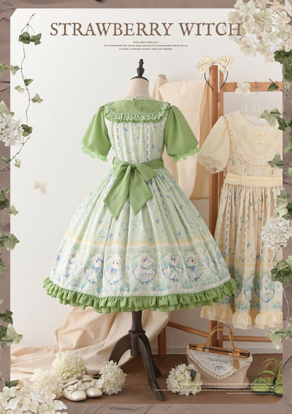 Strawberry Witch - Lily of the Valley Kitten - Country Lolita OP with Embroidery and Cat Print
