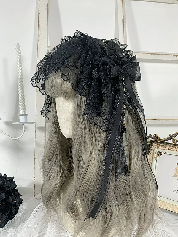 Sweet Jelly Lolita - Gothic Lolita Headband Black Bow Lace Hair Accessory