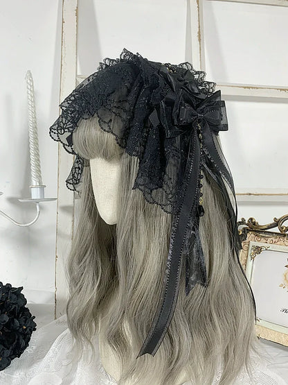 Sweet Jelly Lolita - Gothic Lolita Headband Black Bow Lace Hair Accessory