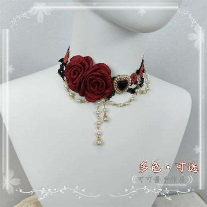 Cocoa Jam - Elegant Lolita Necklace Rose Gemstones and Pearl Necklace
