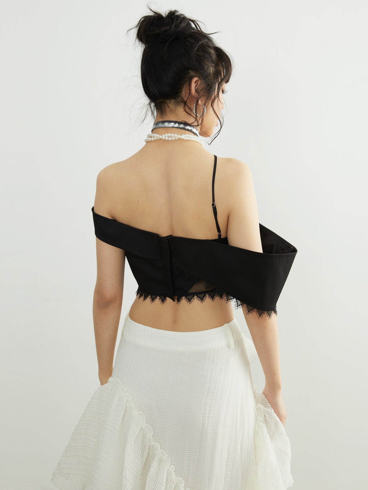 Beaded Lace Asymmetric Bare Top