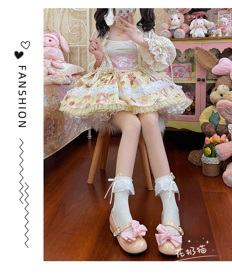 Hua Nai Cat - Sweet Cotton Lolita Socks Mid-Calf Socks with Lace and Bow