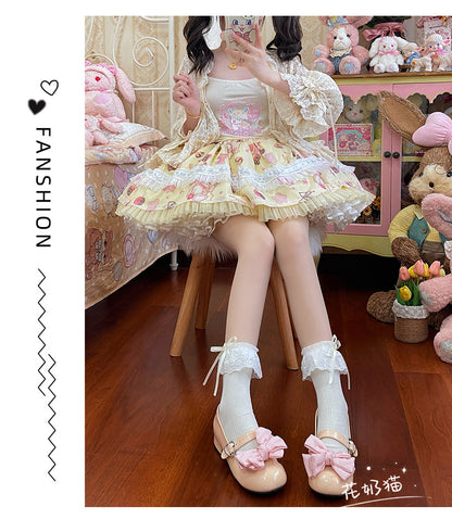 Hua Nai Cat - Sweet Cotton Lolita Socks Mid-Calf Socks with Lace and Bow