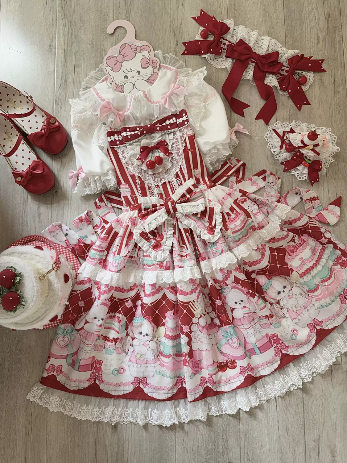 Hanguliang - Cherry Bake Song - Kawaii Lolita JSK Dress With Dessert Print & Cherry Bow