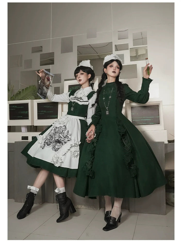 With PUJI - Letter and Poetry ﾂｷ Abyss Clinic - Gothic Lolita Green Dress Set