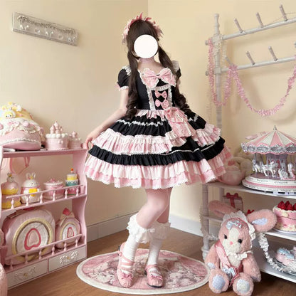 Hanguliang - Showa Flower Butterfly - Pink Sweet Lolita OP Dress With Bows & Lace Trim