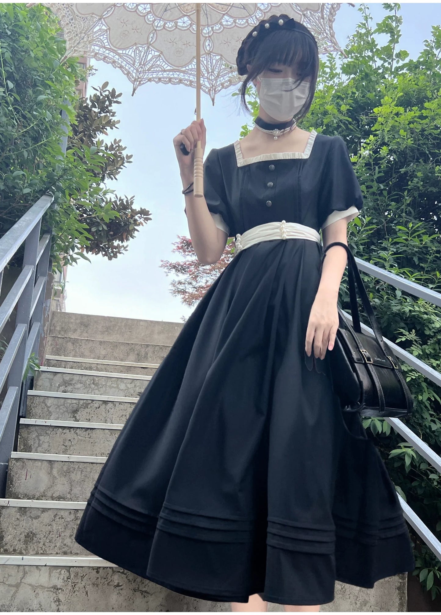 HuTaoMuJK - Thoughts - Vintage Lolita OP Dress Square Neckline Black Lolita Dress