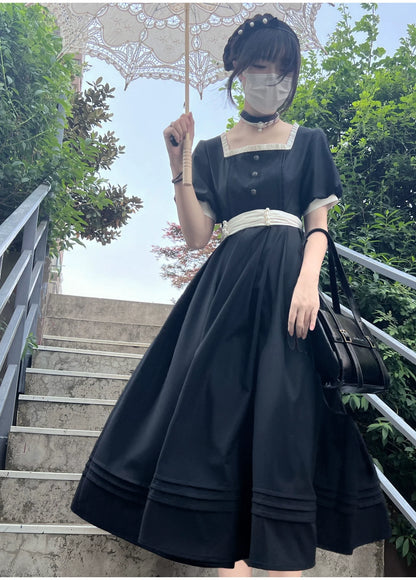 HuTaoMuJK - Thoughts - Vintage Lolita OP Dress Square Neckline Black Lolita Dress