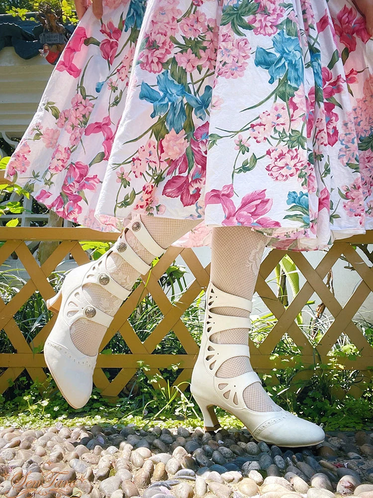 Sentaro - Floral Carved - Vintage Lolita Shoes Mary Jane Hollow-out Ankle Boots