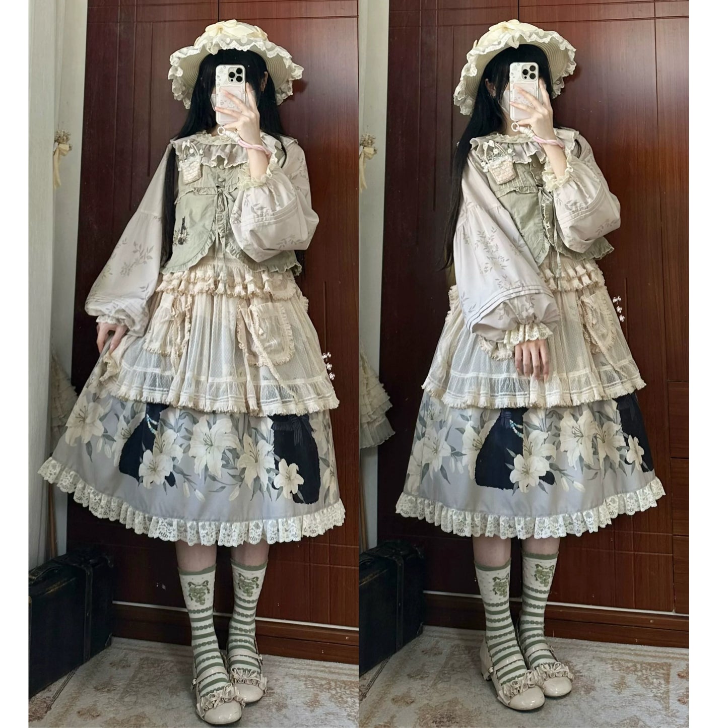 Akiyama Future Studio - Black Cat and Lily - Loose Kawaii Lolita OP Dress with Vest and Hat