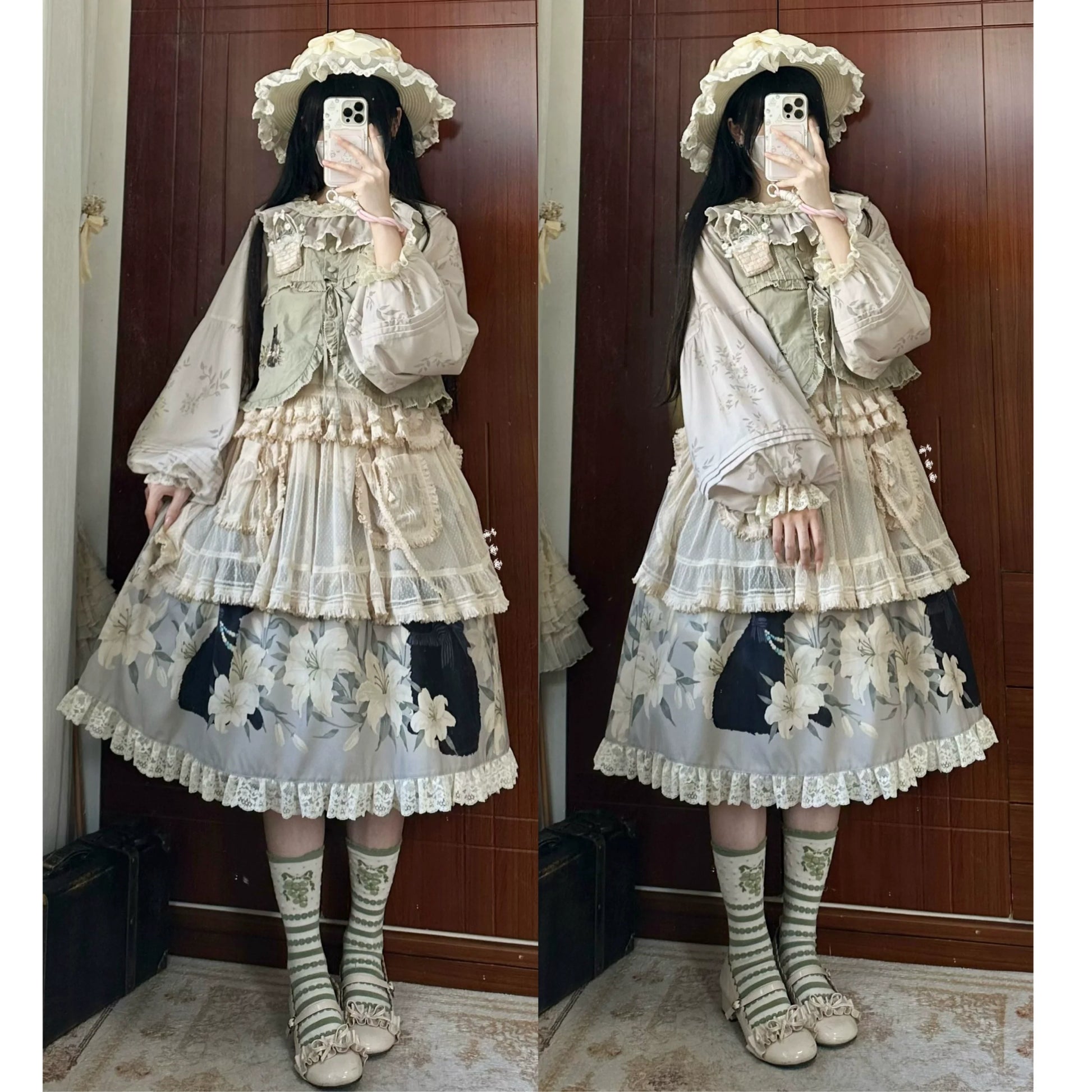 Akiyama Future Studio - Black Cat and Lily - Loose Kawaii Lolita OP Dress with Vest and Hat