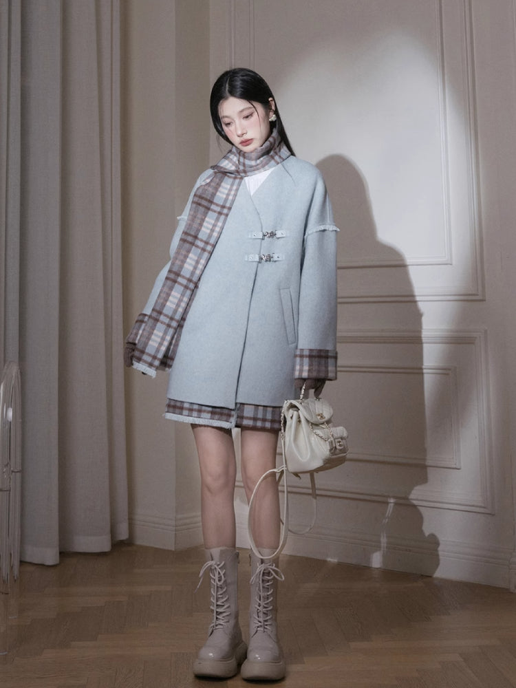 Fur edge plaid jacket + skirt【s0000005806】