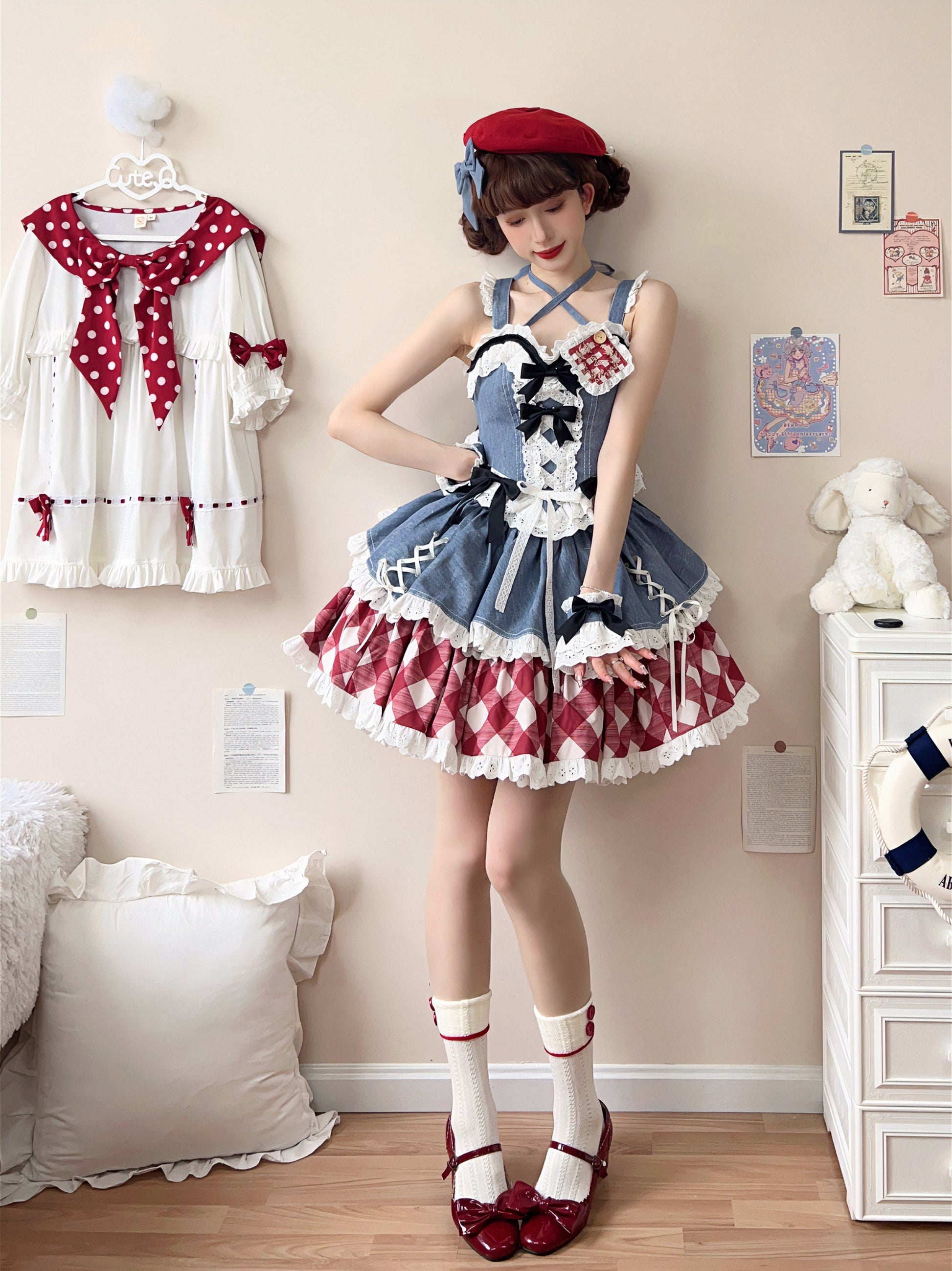 Kuma - Sweet Cowboy - Sweet Lolita Pastel Colors Denim Skirt Set