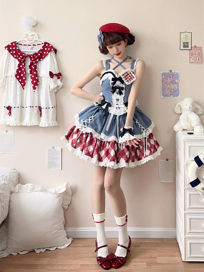 Kuma - Sweet Cowboy - Sweet Lolita Pastel Colors Denim Skirt Set