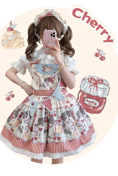 Akiyama Future Studio - Border Collie Cherry - Kawaii Lolita Salopette Cherry Print Dress