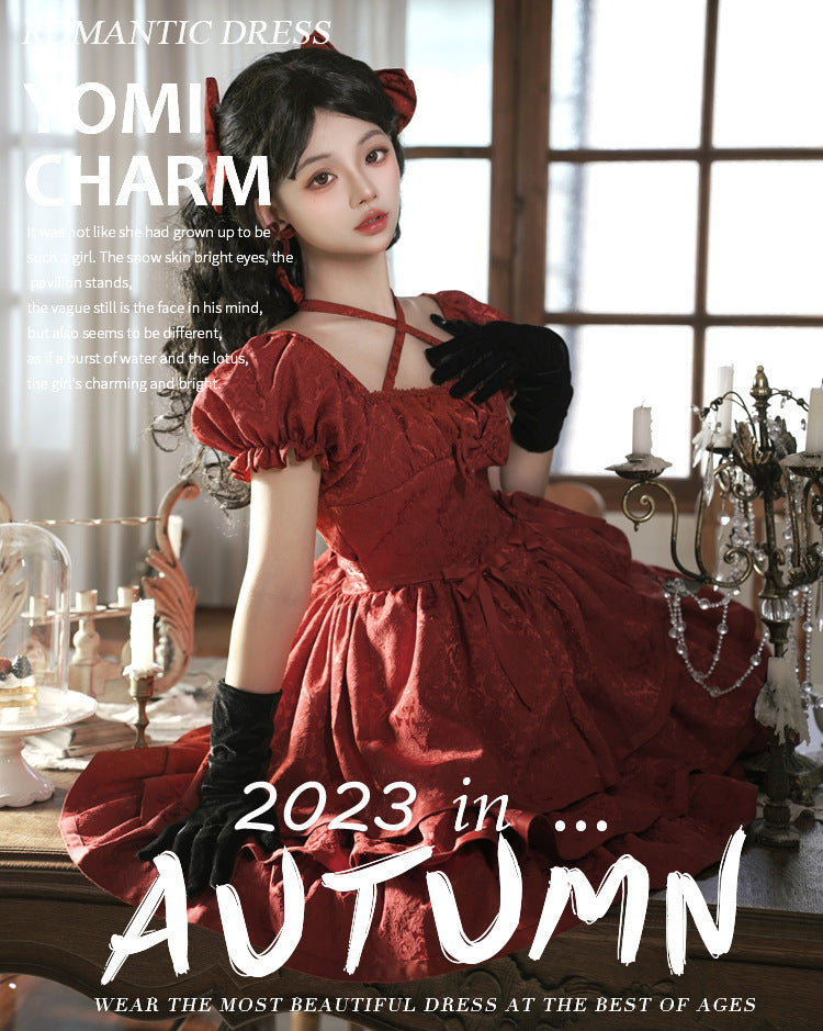 Eieyom - Elegant Lolita Short Sleeve Red Dress