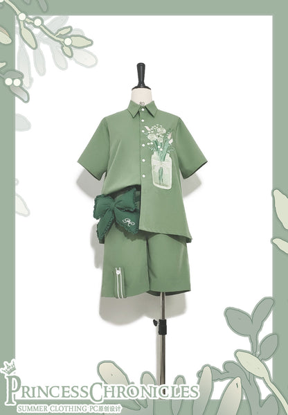 Princess Chronicles - Limited Flowering Time - Retro Green Flower Embroidery Shirt