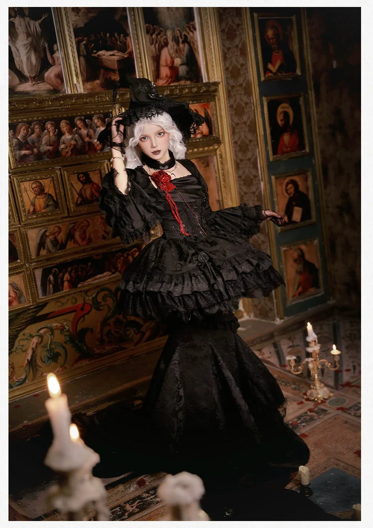 With PUJI - Letter and Poetry ﾂｷ Twilight - Black Gothic Lolita Skirt Set, Witch-Inspired