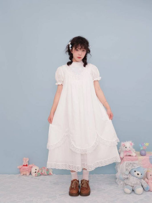 Antique girly pleated embroidery white dress【s0000009498】