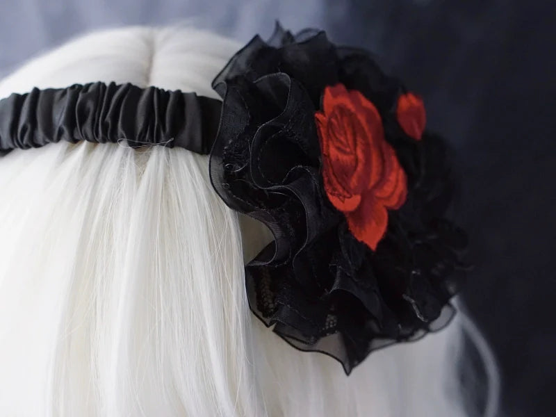 Strange Sugar - Gothic Lolita KC Black Wine Red Ruffled Bow Hair Accessories