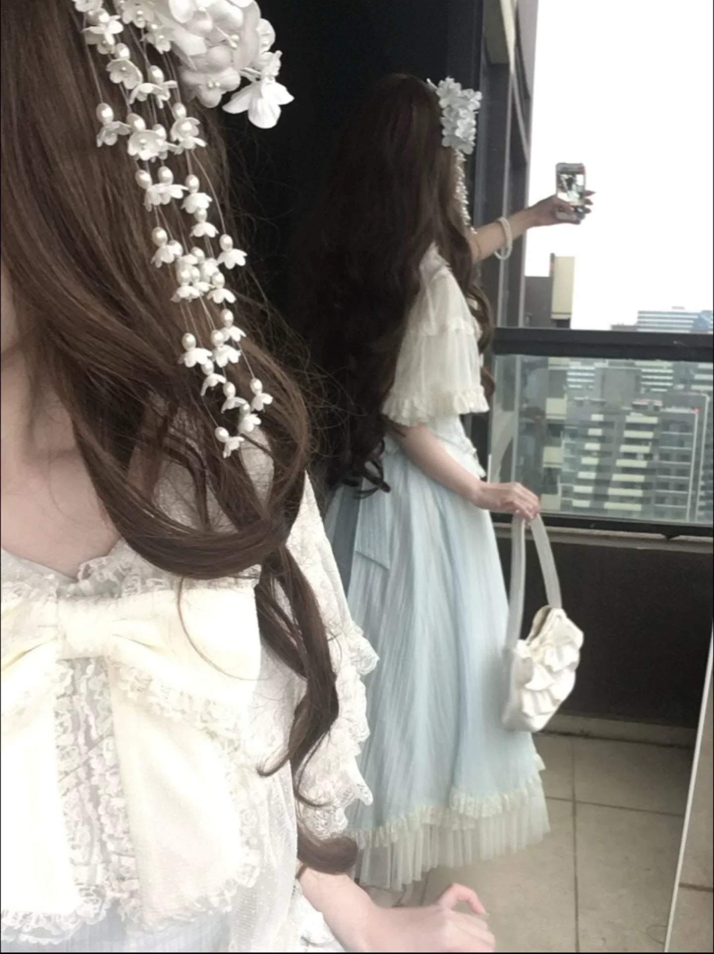 Kuma - Little Wind Chime - Elegant Lolita OP Water Blue Dress With Decorative Tulle Cape
