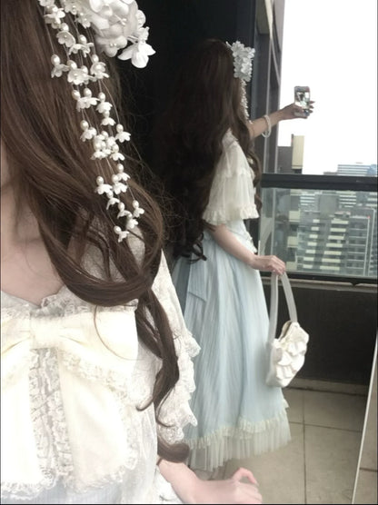 Kuma - Little Wind Chime - Elegant Lolita OP Water Blue Dress With Decorative Tulle Cape