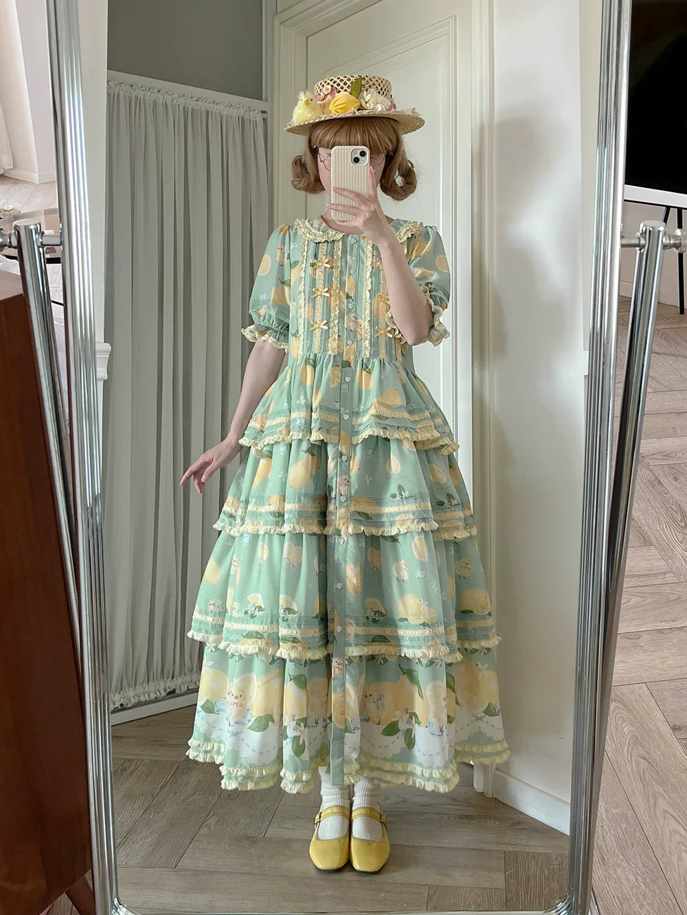 Miss Point - Lemon Chick - Country Lolita Printed OP With Button Front